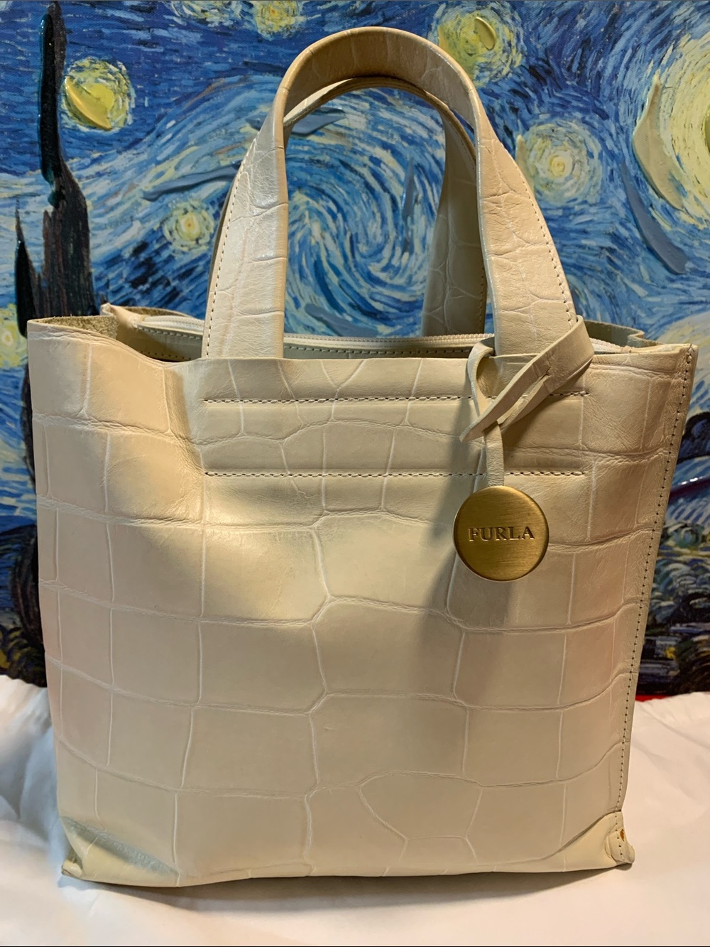 Furla Croc-Embossed Cream Leather Tote with Gold Charm